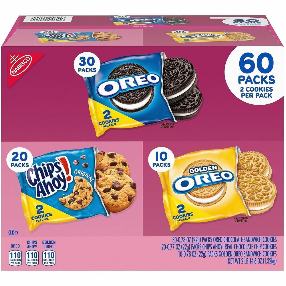 GRR22000729 - Nabisco Cookies Variety Pack offers just the sweet treat you need for your midday pick-me-up, but without any guilt. With just two cookies per pack, each serving provides just enough to feel satisfied. Variety box includes: Chips Ahoy, Oreo and Golden Oreo. Use individually wrapped snacks to stock office break rooms, vending machines and more.   