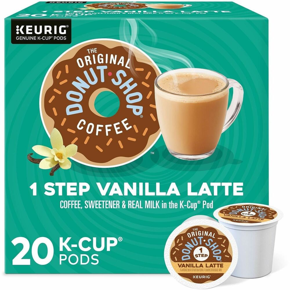 DIE8177 - The Original Donut Shop One-Step Latte K-Cup pods let you enjoy delicious lattes at the touch of a single button. Each pod comes filled with Colombian coffee, natural flavoring and real dairy, all-in-one. Experience satisfying sweetness, creaminess and dreamy vanilla flavors in the comfort of your own kitchen, no matter what time the cravings hit.   