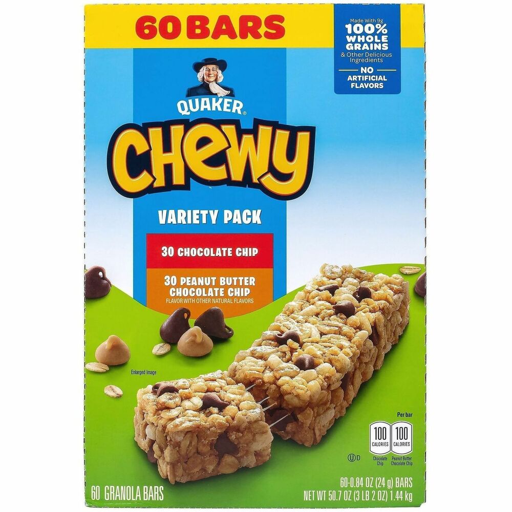 GRR22000434 - Made with 100 percent whole grains and other delicious ingredients in every individually wrapped bar, Quaker Chewy Camping Granola Bars Variety Pack provides a convenient snack for families who are always on the move. Enjoy the campfire-favorite flavors of Chocolate Chip and Peanut Butter Chocolate Chip for a mouthwatering snacking experience.
