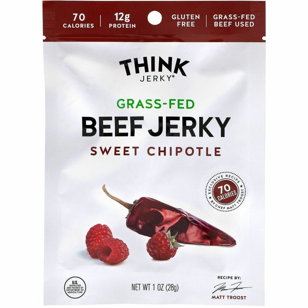 GRR22000985 - Think Jerky Beef Jerky is made with grass-fed beef and packed with natural protein and flavor. Chef Troost's recipe combines real raspberries with a three-pepper blend for a subtly spicy finish. This 12-pack of 1 oz. pouches is perfect for on-the-go snacking and supports an active lifestyle.   