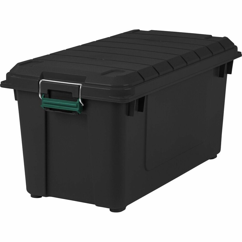 IRS296005 - Remington Heavy-Duty 82-Quart WeatherPro Storage Container features high-quality WeatherPro seals in the lid to keep out moisture and dust. Two sturdy metal buckles secure the durable lid, making it ideal for storing clothes, documents, food, hunting gear, camping equipment, tools, truck items and other large belongings. Container is lockable with a padlock or zip tie (none included) for added security. Designed for efficient storage, grooves on the lid and body allow for stable stacking. Heavy-duty construction ensures safe handling and space-saving organization. Made from BPA-free polypropylene, it is suitable for pantry organization, including rice, flour, spices, snacks, pasta and pet food. It provides durable and reliable storage for all your items.