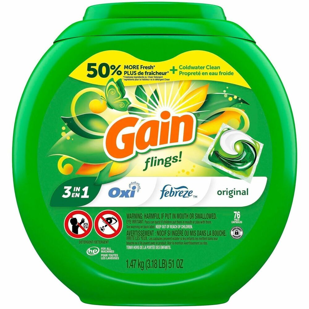 PGC09207CT - Gain Original Flings Laundry Detergent Pacs with Aroma Boost are easy to use and easy on the nose. Each one gives you 50 percent more of the Gain scent compared to Gain liquid detergent, delivering a crisp freshness that's only outmatched by the clean they provide. These three-in-one fling pacs include laundry detergent, Oxi Clean and Febreze. Pacs dissolve in both hot and cold water and are HE compatible.