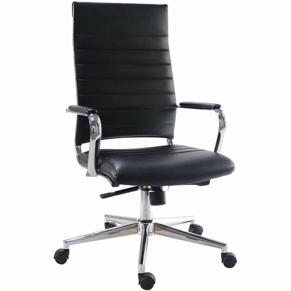 LLR63220 - Tempo Modern High-Back Executive Chair features a sleek Executive profile with leather upholstery and a chrome frame and base to fit the aesthetics of today's modern office. An integrated pull handle on the seat back delivers better mobility and makes moving from work space-to-work space easier. Low-profile arms measure 18.7" apart, provide added comfort and are suitable for most any executive office or boardroom. Tilt mechanism includes a tilt-lock feature and tension control so you can personalize your settings and lock them in. Seat swivels 360 degrees and is adjusts from 17.9"-22.9" to accommodate people of most heights. Seat measures 19.3" x 18.9". Seat-back measures 18.1" x 25.2".
