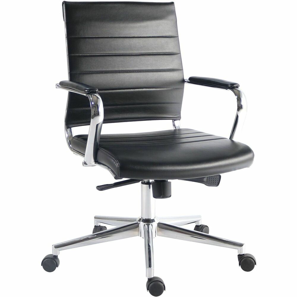 LLR63221 - Tempo Modern Mid-Back Executive Chair features a sleek Executive profile with leather upholstery and a chrome frame and base to fit the aesthetics of today's modern office. An integrated pull handle on the seat back delivers better mobility and makes moving from work space-to-work space easier. Low-profile arms measure 18.7" apart, provide added comfort and are suitable for most any executive office or boardroom. Tilt mechanism includes a tilt-lock feature and tension control so you can personalize your settings and lock them in. Seat swivels 360 degrees and is adjusts to accommodate people of most heights. Seat measures 19.3" x 18.9".   