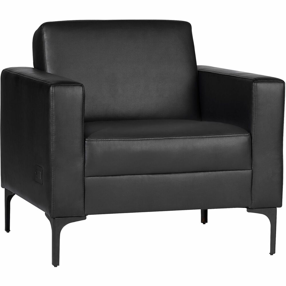 LLR86952 - The Lorell Clarke Club Chair with Antimicrobial Upholstery and Power delivers smart sophistication at a cost-effective bottom line. Healthcare-grade upholstery made from antimicrobial vinyl looks great and is easy to clean. Chair back attaches using hook-and-loop fasteners. Included leg options, metal and wood, allow for flexible design options that blend seamlessly into your space. Modern, square-armed club chair features a built-in power port that includes one 120v outlet, one USB-A port and one USB-C port. Cord length measures 78.74".