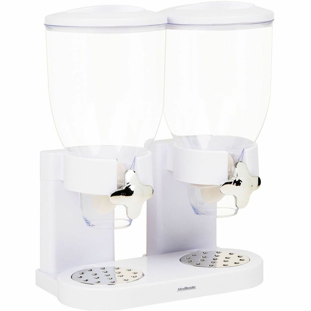 EMSCEREALD2WHT - Mind Reader Double Cereal Dispenser provides a space-saving upgrade to your kitchen or breakfast bar. Featuring two individual 3.5-liter containers, this sleek countertop unit keeps dry foods like cereal, granola, nuts, rice and coffee beans fresh and easily accessible. Each canister features a secure lid to lock out air and moisture, helping preserve crispness, prevent softening and extend shelf life. With rotating twist valves, you can dispense he perfect portion of your favorite dry foods with just a gentle turn - no more messy scoops or spills. Transparent body allows quick inventory checks, and the crumb-catching tray at the base keeps counters clean. Whether you're prepping breakfast, storing snacks or organizing your coffee station, this dial dispenser delivers convenience and style with each turn.