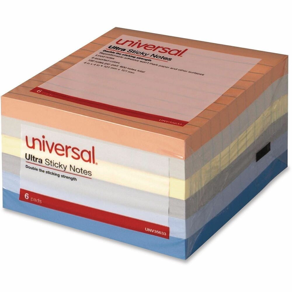 UNV35633 - Organize and color-code your ideas with these multi-color sticky pads. Each pad offers ultra-strong adhesion to keep your notes in place.