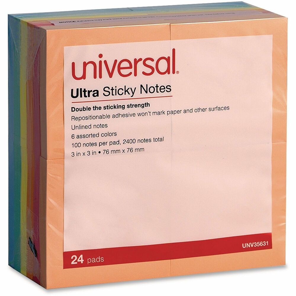 UNV35631 - Organize and color-code your ideas with these multi-color sticky pads. Each pad offers ultra-strong adhesion to keep your notes in place.   