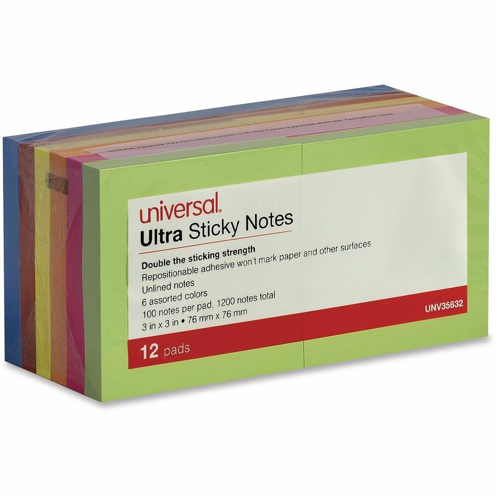 UNV35632 - Organize and color-code your ideas with these multi-color sticky pads. Each pad offers ultra-strong adhesion to keep your notes in place.
