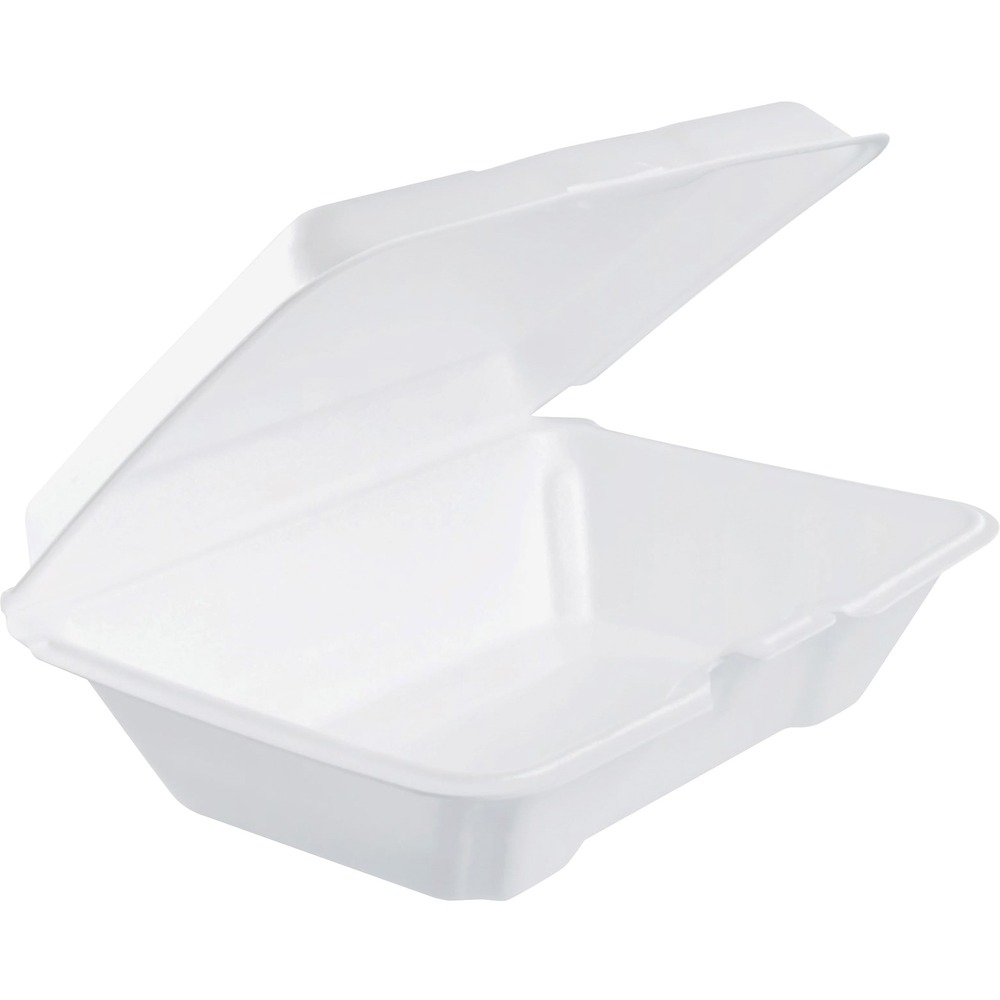DCC205HT1 - Single-compartment foam container features a secure closure to improve handling and help protect against accidental openings. High insulation qualities make it great for transporting and storing both hot and cold foods. Hinged lid is perforated to be easily removed for a less cluttered dining experience and an extra plate for sharing meals. Nonabsorbent material allows you to safely hold wet foods without soaking through. Plus, it's stackable to save you valuable storage space.