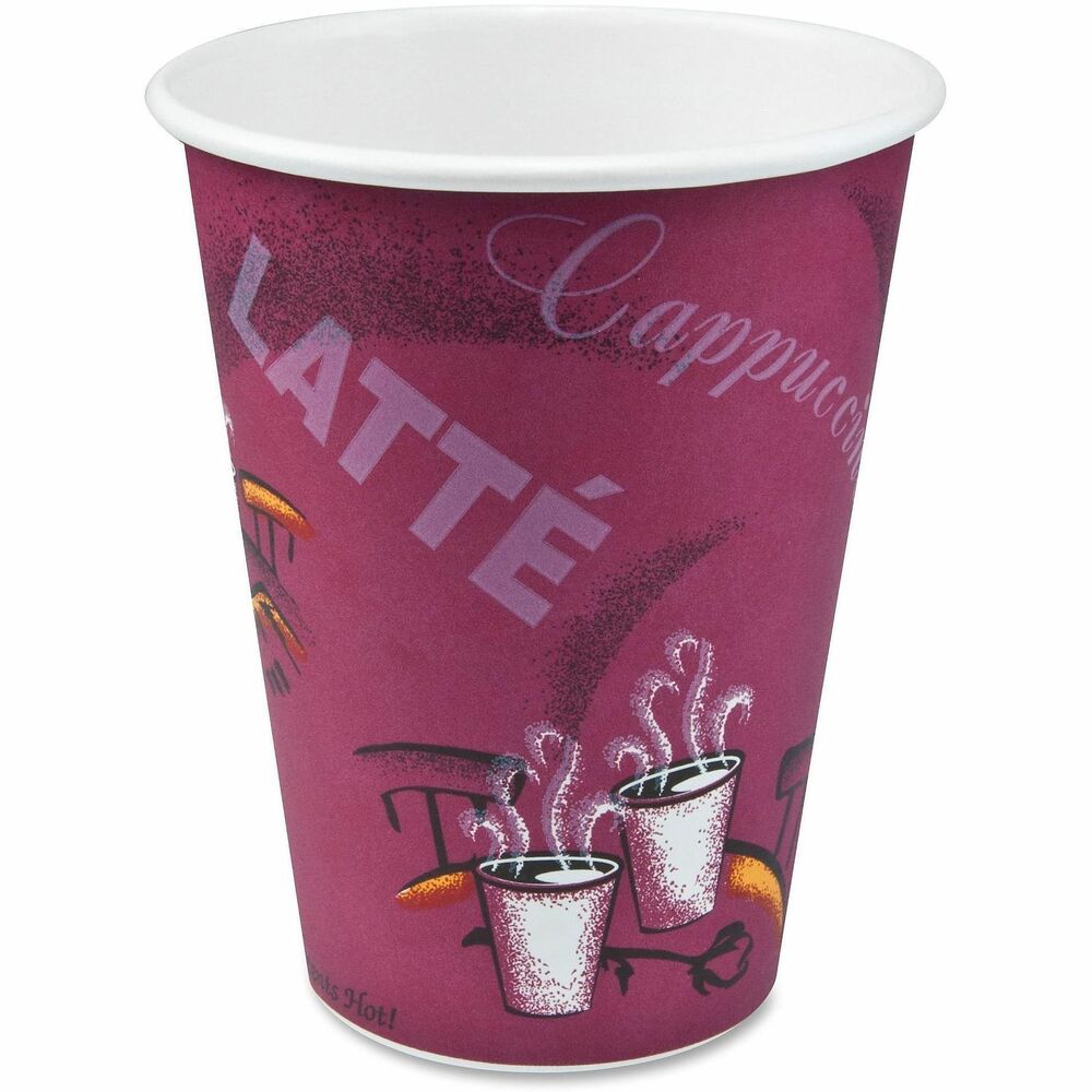 SCC412SIN0041 - Bistro Paper Hot Cups are great for serving hot beverages like coffee, tea or cocoa. The cup interior is lined with polyethylene that acts as a moisture barrier to keep liquid inside the cup and prevent leaking. Smooth rolled rim gives rigidity to the cup and ensures a leak-resistant lid fit. One lid (sold separately) fits five cup sizes (10 oz. squat to 24 oz.) for operational efficiency.