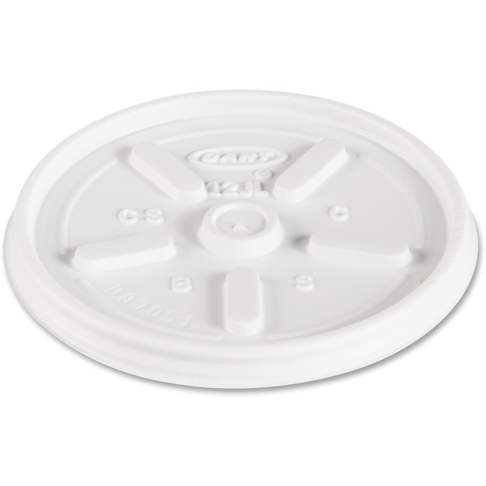 DCC12JL - Vented white lids are designed for use on Dart 10J12, 12J12, 14J12, 14FJ12, 12X12, 6SJ12, 8SJ12 and 6B12 cups (sold separately). They are great for containing liquids when you're on-the-go. Vented plastic construction allows steam to escape for safe use with hot beverages. High-quality lids fit tightly on cups to prevent drips or spills. They do not have a straw hole.