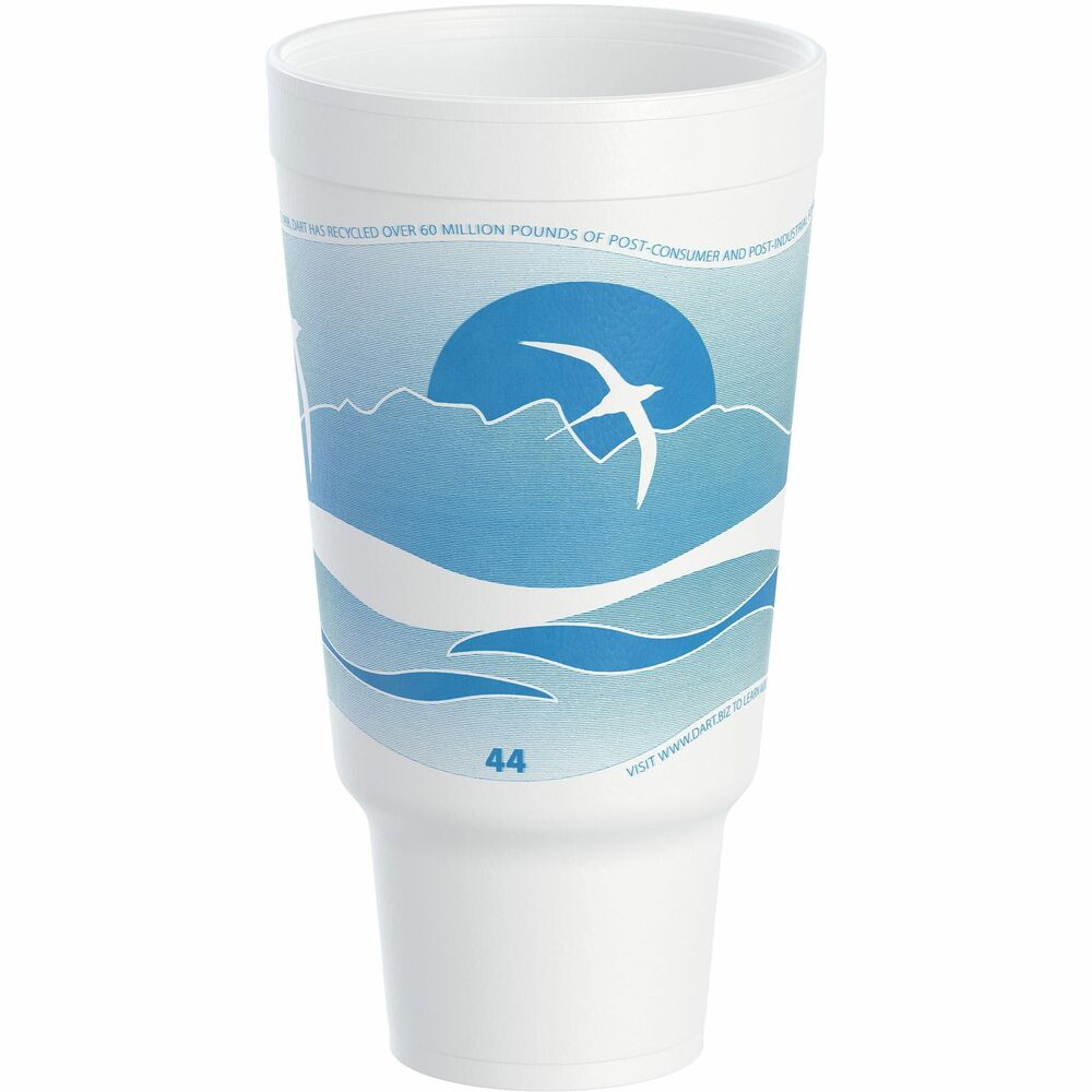 DCC44AJ32H - EPS Foam Pedestal Cups are printed with a horizon design to comfortably complement any environment where hot or cold food and beverages are served, such as convenience stores, cafeterias, coffee shops, special events and more. 44 oz. cups are color-coded to make it easier for customers and employees to select the correct drink size for hot or cold drinks. Cost-efficient, stock-printed cups provide quick turnaround times compared to custom-printed cups. Cups are compatible with Dart 8 oz. to 60 oz. Foam Vented Lids or 32 oz. OPS Plastic Non-Vented Lids (none included) to keep your drinks covered.