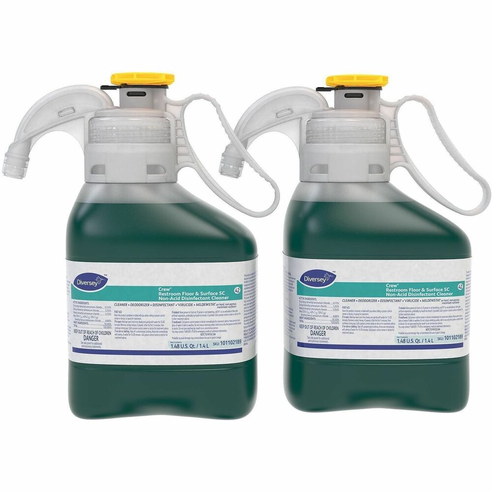 DVO101105993 - Crew Non-Acidic Restrooms Floor and Surface Disinfectant effectively cleans, disinfects and deodorizes in one easy step. Disinfectant kills HIV-1, Staphylococcus aureus, Salmonella choleraesuis, E. coli, MRSA, VRE and other microorganisms. Use to clean hard, nonporous and washable surfaces - inside and outside of the restroom. Non-acidic disinfectant cleaner leaves behind a refreshing fresh scent. No rising is required on non-food contact surfaces. This disinfectant cleaner is part of the Diversey SmartDose system, effectively delivering accurate doses of concentrated product simply, safely and swiftly.