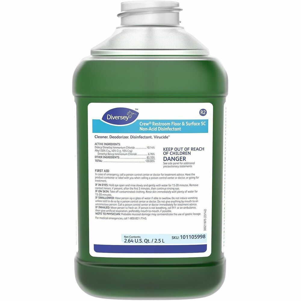 DVO101105998 - Crew Non-Acidic Restrooms Floor and Surface Disinfectant effectively cleans, disinfects and deodorizes in one easy step. Disinfectant kills HIV-1, Staphylococcus aureus, Salmonella choleraesuis, E. coli, MRSA, VRE and other microorganisms. Use to clean hard, nonporous and washable surfaces - inside and outside of the restroom. Non-acidic disinfectant cleaner leaves behind a refreshing fresh scent. No rising is required on non-food contact surfaces.
