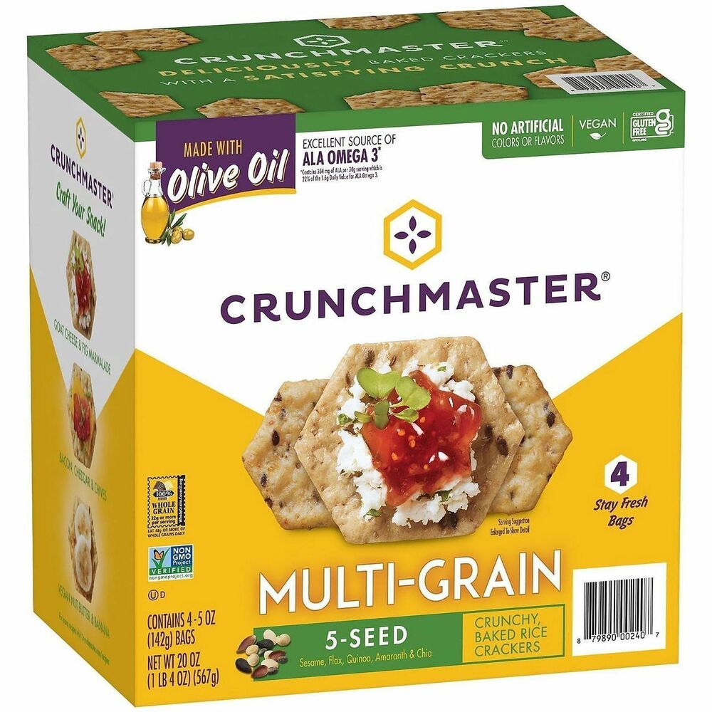 GRR22000757 - Enjoy more seeds and more flavor with Crunchmaster Multi-Grain 5-Seed Crackers. Made with 100-percent whole grain, crackers contain sesame seeds, chia seeds, flax seeds, amaranth seeds and quinoa seeds. Crunchy, oven-baked crackers are non-GMO, gluten-free and kosher. Whenever the cravings hit, these crackers always hit the spot.