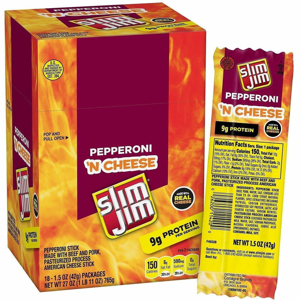 GRR20900655 - Don't reach for just any snack, snap into a Slim Jim Pepperoni and Cheese. Each package comes with one Cheese Stick and one Pepperoni Stick. Enjoy them together or savor each separately. Guilt-free snack contains only 150 calories per serving and comes packed with protein. A great alternative to chips or pretzels, pepperoni and cheese snacks are perfect for stocking breakrooms, vending machines or even your personal pantry.   