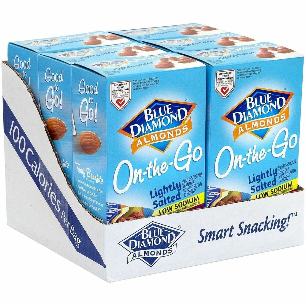 GRR22000795 - Crunchy, natural whole Blue Diamond Almonds provide a delicious and healthy snacking alternative. Each pack of lightly salted almonds comes packed with 4g of protein and satisfies hunger with fewer calories. Convenient packaging lets you snack while on-the-go, and are perfect for commutes, in-between meetings, on hikes and more.