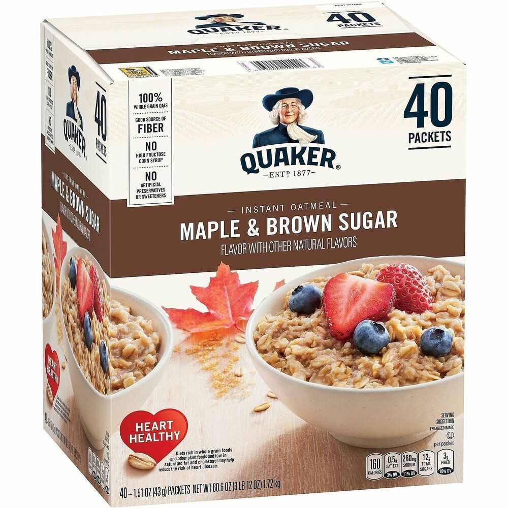 GRR22000754 - Quaker Maple and Brown Sugar Instant Oatmeal delivers a fast, delicious and filling breakfast in no. Oatmeal packets are bursting with whole grain oats to boost your energy first thing in the morning. Oats provide a good source of fiber that is low in cholesterol and saturated fats to reduce the risk of heart disease. Stock your home pantry, your office breakroom and more.