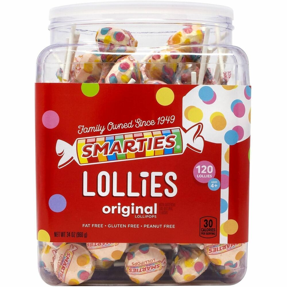 GRR20900013 - Smarties Lollies delivers your favorite candy, but now on a stick. Each pop provides the same tantalizing flavor as the classic rolled wafers - sweet yet tangy. Individually wrapped candies offer a convenient fix for any sweet tooth. Use these pops to fill birthday pinatas, goodie bags, candy jars and more.