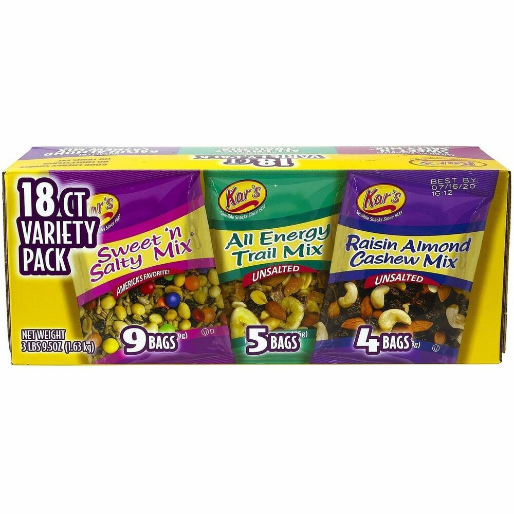 GRR28800004 - Kar's Trail Mix Variety Pack delivers crunchy, sweet mixes of nuts, chocolate and dried fruit for energy on-the-go. This variety pack includes three flavors: Sweet n' Salty Mix, All-Energy Mix and Raisin Almond Cashew Mix. These unsalted trail mixes are bursting with natural protein and delicious flavor. Convenient packaging makes these easy to share or to take for snacking on-the-go.