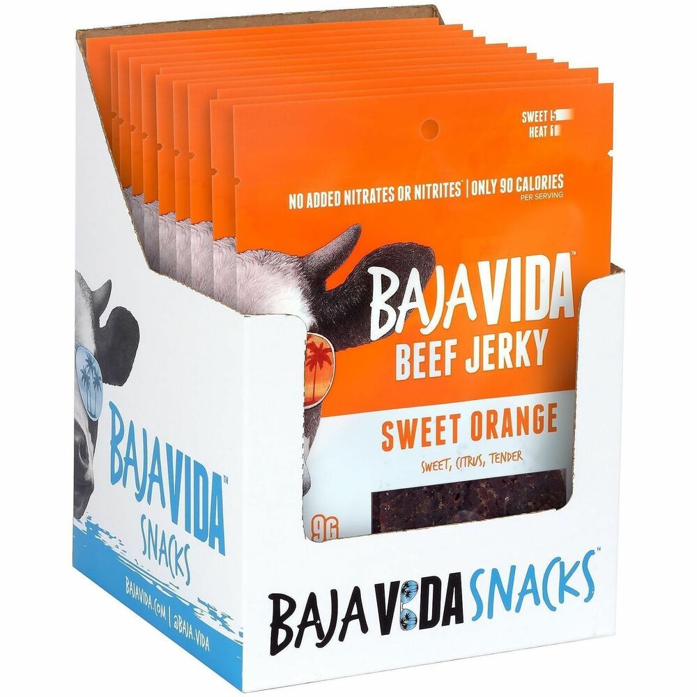 GRR22002306 - Baja Vida Sweet Orange Beef Jerky perfectly marries tangy fruit flavors, like orange and pineapple, with the savory-ness in traditional beef jerky. The perfectly balanced spices and seasonings provide the ultimate sweet-and-salty flavor combination. All-natural beef is raised on a balanced diet free from antibiotics for high-quality ingredients. So, not only is the flavor surprisingly delicious, but the jerky is as tender as it gets. Snack between meetings, at your desk, at home or any time you're on-the-go.
