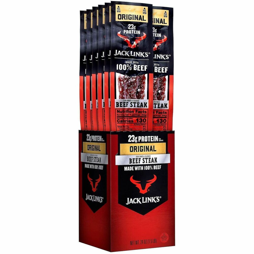 GRR27800012 - Feed your wild side with these Jack Links Jumbo Original Beef Sticks. Slow cooked and seasoned to perfection, these packaged beef jerky sticks are packed with 23 grams of protein per serving. Store in your home pantry, office breakrooms and more.