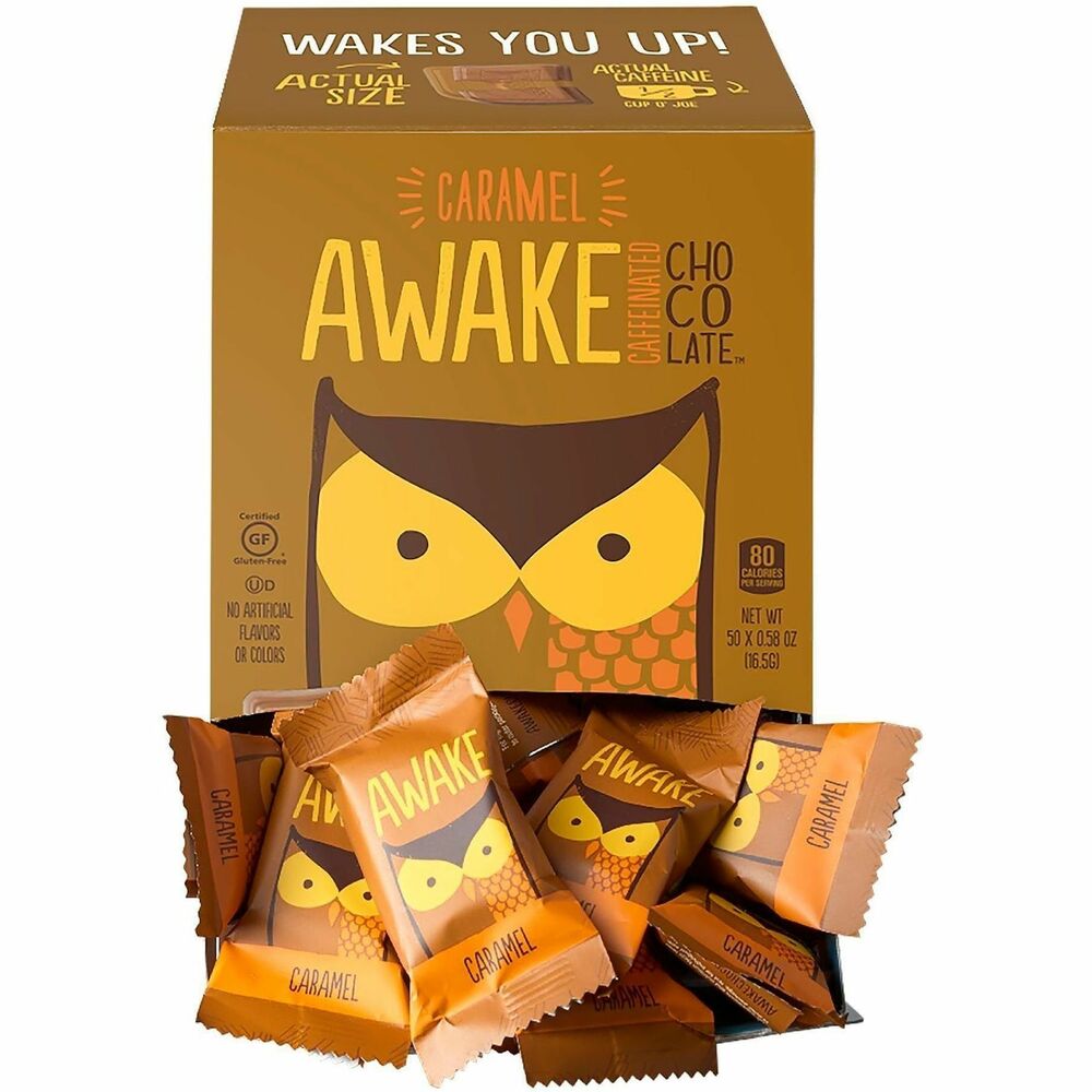 GRR30700315 - Get your caffeine fix with Awake Caffeinated Caramel and Milk Chocolate Bites. Individually wrapped chocolate bites provide a convenient and effective alternative to coffee and energy drinks. Each delicious 'bite' delivers the equivalent to 1/2 a cup of coffee. Caffeine-packed chocolates come made from 54-percent cacao and no artificial flavors or colors. Bites are also gluten-free and Kosher certified. Take with you to work, school, studying sessions and more.   