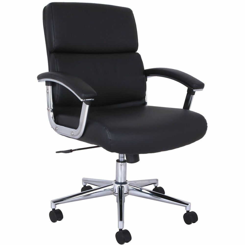 LLR20028 - Vuelo Modern Mid-Back Manager Chair features bonded leather upholstery over thickly cushioned seating for deluxe comfort and style. Fixed chrome steel arms also feature soft upholstery pads. Seat adjusts in height using pneumatic adjustment and accommodates people of most heights. 360-degree swivel cylinder lets you move in any direction. Tilt/tilt-lock mechanism with tilt-tension adjustment lets you customize settings to your personal comfort. Spider base is made of heavy-duty steel with a durable chrome finish and is equipped with 2" hooded, smooth-rolling casters for easy chair movement. Weight capacity is 275 lb.