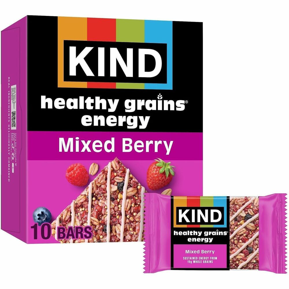 KND67073 - Discover all kinds of good with KIND Mixed Berry Healthy Grains Energy bars. Gluten-free snacks combine dried berries and five super whole grains for sustained energy: oats, millet, buckwheat, amaranth and quinoa. Enjoy chewy-yet-crunchy textures in each bite. Non-GMO Project Verified snack bars contain 21 grams of whole grains per serving with zero trans fat or sugar alcohol. Energy bars deliver tasty, healthy energy in convenient, single-serve packaging for easy on-the-go refueling.
