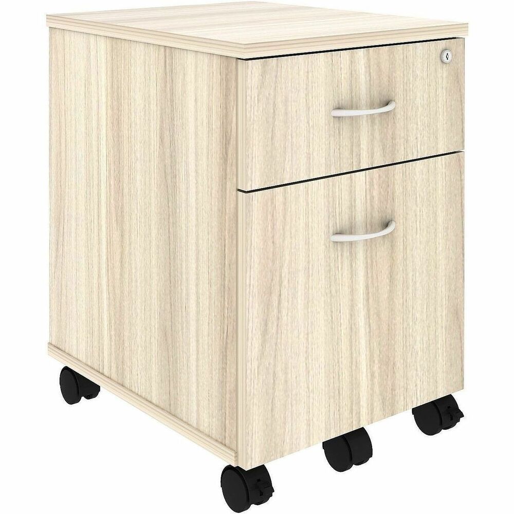 LLR66327 - Mobile pedestal is part of the Lorell Relevance Series, versatile and stylish office furniture that configures to meet your needs. Modern Elm laminate exterior matches other units in the series for a cohesive, professional look. Locking pedestal includes four dual-wheeled casters (two locking) for easy mobility, one box drawer for storing supplies and one file drawer for securing your letter-size hanging file folders. Adjustable leveling feet help keep the pedestal even on uneven surfaces.