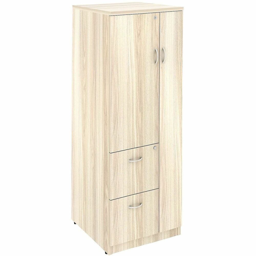 LLR66338 - Tall storage cabinet can be used with Lorell Essentials or Relevance Series with high-quality laminate construction and metal-to-metal, cam-lock connections. Design of the cabinet expands your storage opportunities with the varied sizes of compartments. Full-length compartment on the right features a door to conceal contents. On the left, the half-length compartment includes a locking door and two shelves. Bottom two drawers lock to secure your belongings and hold letter-size files. Durable, Modern Elm laminate surfaces provide a professional look and are abrasion-resistant. Back is finished on both sides. Cabinet is made of particleboard and medium-density fiberboard. Adjustable levelers help stabilize the cabinet on uneven surfaces.