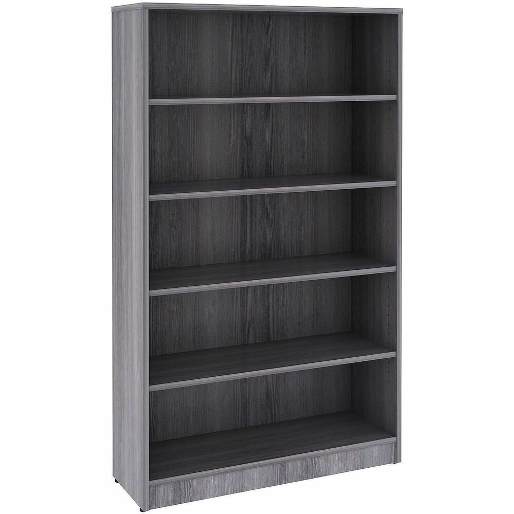 LLR69631 - Sturdy five-shelf bookcase offers high-quality laminate construction and a contemporary design. Shelves are 3/4" thick and made with thermally fused, weathered-charcoal laminate for long-lasting use. The visible, one-piece backing behind the shelves is made with matching laminate. Both sides are finished. Bookcase features adjustable shelves, one fixed bottom shelf, square edges and adjustable feet. Each shelf holds up to 75 lb.