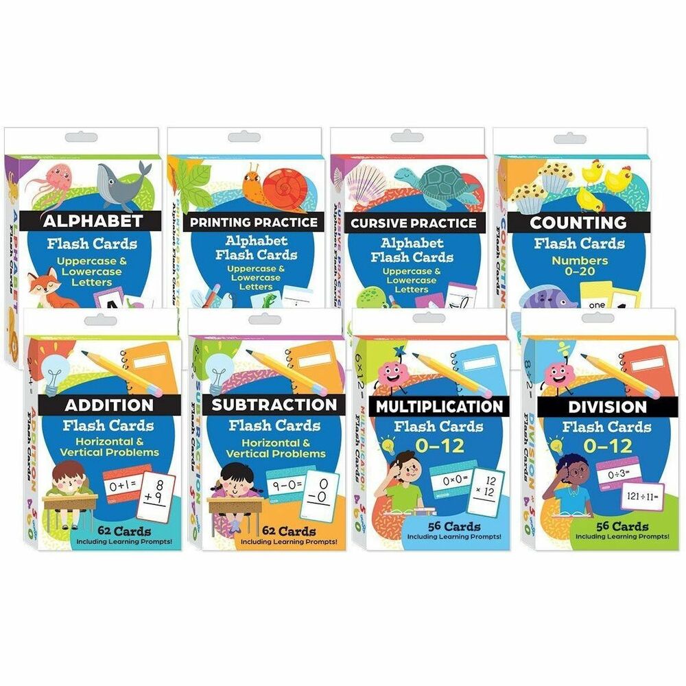 SHL161147 - Support Early Literacy and Math Fluency with One Powerful SetFrom learning the ABCs to mastering multiplication facts, this all-in-one flashcard bundle gives children the tools they need to build confidence and competence across key early learning milestones. Thoughtfully designed for children ages 3 to 11, this comprehensive set grows with learners from preschool through elementary school. Whether they're identifying letters or practicing math facts, kids will enjoy interactive, on-the-go learning that supports skill development at every stage.In this Set:Alphabet & Literacy Flash Cards1 deck of Alphabet Flash Cards: 52 double-sided cards featuring uppercase and lowercase letters1 deck of Alphabet Tracing Cards: 52 double-sided cards with writing guides1 deck of Alphabet Practice Cards: 52 double-sided cards with engaging letter activities4 info cards per literacy deck with prompts and gamesMath Flash Cards1 deck of Counting Flash Cards (62 double-sided cards)1 deck of Addition Flash Cards (62 double-sided cards)1 deck of Subtraction Flash Cards (62 double-sided cards)1 deck of Multiplication Flash Cards (55 double-sided cards)1 deck of Division Flash Cards (55 double-sided cards)Bonus activity cards included (1 per math deck)Why Families and Educators Love Them:Colorful illustrations and interactive formats engage learners ages 3-11Double-sided cards in both horizontal and vertical formats support varied learning stylesGlossy, durable cardstock resists wear from frequent useRounded corners and 3" x 4.5" size make them perfect for little handsIdeal for independent learning, classroom centers, tutoring, or family timeFrom letter recognition to basic operations, these flashcards make early learning effective, fun, and portable.