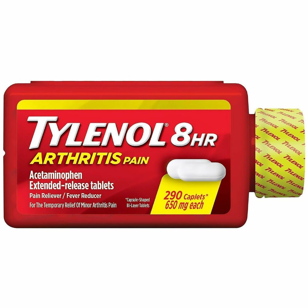 GRR22000640 - Stop the pain quickly with Tylenol 8-Hour Arthritis Pain Extended-Release Tablets. Each caplet contains 650mg of Acetaminophen to give temporary relief from minor Arthritis pain. Tablets also relieve pain caused by backache, headaches and cold symptoms. Convenient bottle and resealable cap is great for traveling, your desk at work or your medicine cabinet at home.