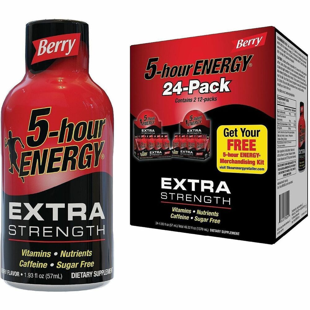 GRR22000631 - Get your needed burst of energy with 5 Hour Energy Extra-Strength in Berry flavor. Take half a bottle for moderate energy, and take one whole bottle for maximum energy. Keep a few in your work desk, share with coworkers in the breakroom and more.