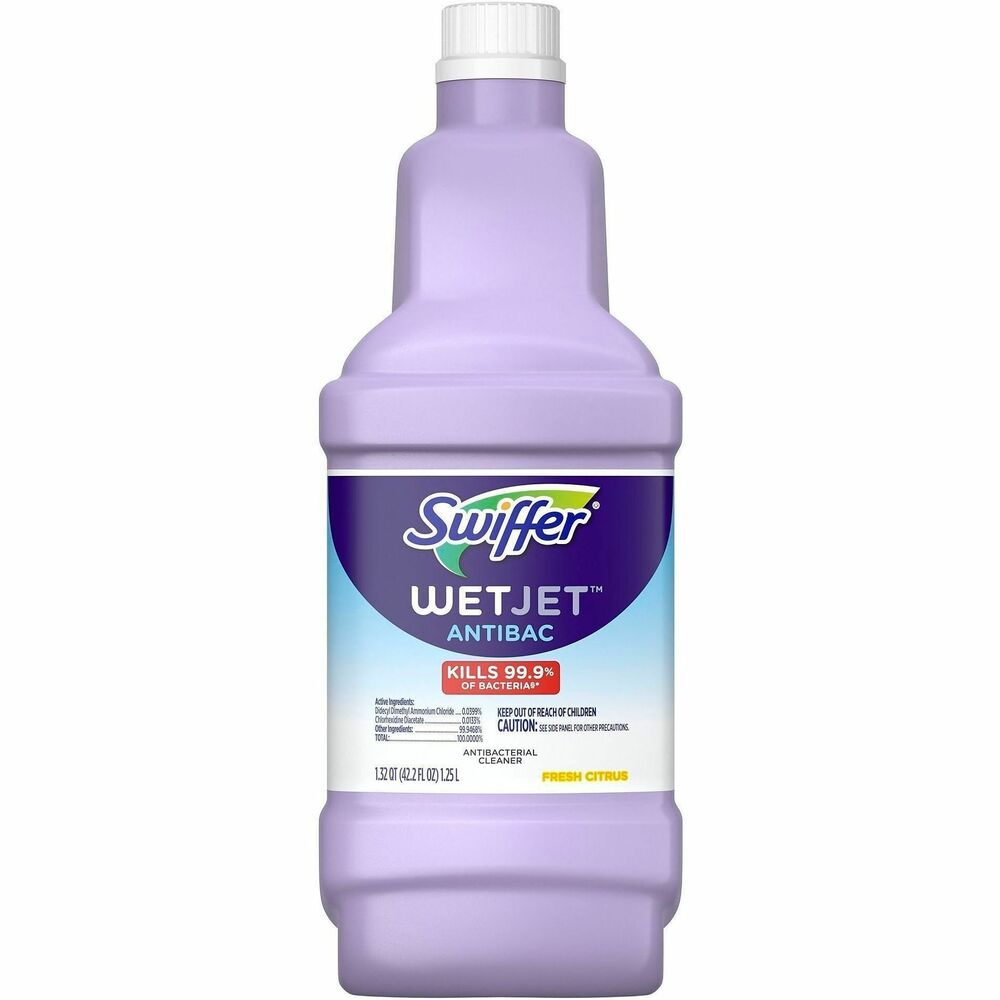 PGC35659 - Swiffer WetJet Antibacterial Solution is a premixed cleaning solution made specially for the Swiffer WetJet Spray Mop (not included). Safe, fast-drying formula dissolves dirt and tough, sticky messes to reveal the natural beauty of your floors. Antibacterial agent kills 99.99-percent of bacteria. Cleaner is safe on wood and leaves behind a Fresh Citrus scent. Do not use on unfinished, oiled or waxed wooden boards, nonsealed tiles or carpeted floors since they may be water-sensitive.