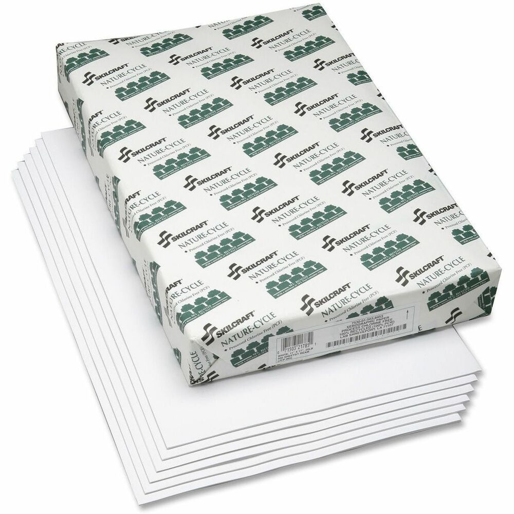 NSN5038453 - Copy paper is made using a 100 percent chlorine-free manufacturing process. Process does not re-bleach paper using chlorine or chlorine compounds that are harmful to the environment and aquatic life and is certified by the Chlorine Free Association. Both paper and packaging are made using 100 percent recycled material. Acid-free, archival-quality paper has a 20 lb. basis weight making it ideal for daily use in copiers and printers. Copy paper meets Air Force Regulation No. AF 164-117, JCP-065, and Executive Orders 13514 and 13423. 