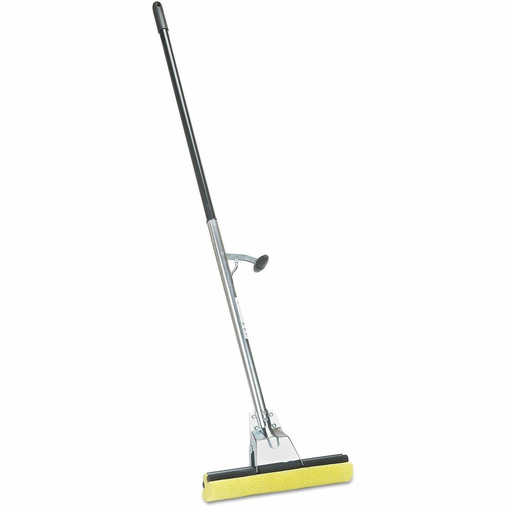 NSN3837799 - Sponge Roller Mop features an extra-wide wet roller sponge mop, measuring 12" , with an angled head for easier cleaning. Side-pull level allows for effortless wringing. Two-piece metal handle includes a swivel hanger hole for easy storage.