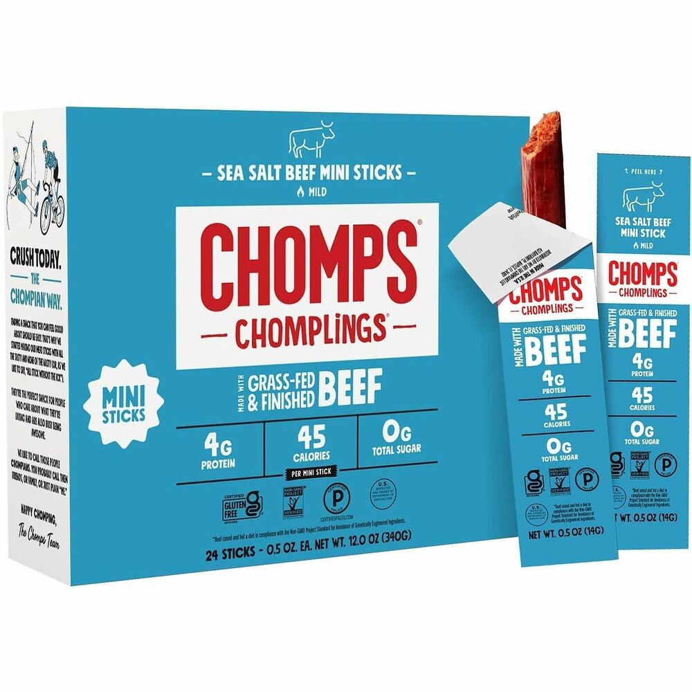 CHSLCSB24 - Chomps Chomplings Sea Salt Pepper Beef Jerky Sticks are made with 100-percent grass-fed beef and come seasoned with a pinch of salt and a hint of garlic. Delicious Chomplings have 4g of protein and 0g of sugar in each stick and are non-GMO, Keto and gluten-free. Individually packaged beef jerky sticks are a great snack wherever you are, whether you're in the office or on-the-go.