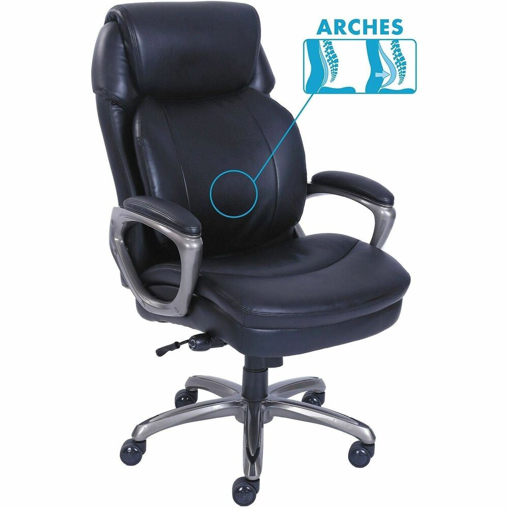 SRJ48965 - Adjustable Reactive Contoured Ergonomic Support, ARCHES, back health technology provides customized flexible kinetic lumbar support. SertaPedic comfort support system with layers of molded foam, memory foam, and pocket coils. Upholstered in black commercial grade bonded leather. Pneumatic lift with tilt tension adjustment and lockout feature. Five-star nylon base with casters for easy mobility. Supports up to 275 lbs.
