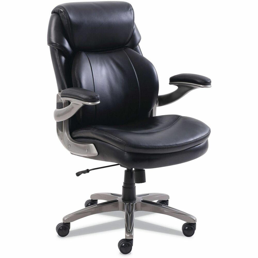 SRJ48966 - Pivot Reactive Ergonomic Support, PRESS, back health technology is a fully articulating backrest that offers continuous lumbar support at any back angle. SertaPedic comfort support system with layers of molded foam, memory foam, and pocket coils. Upholstered in black commercial grade bonded leather. Flip up arms with soft arm rests. Pneumatic lift with tilt tension adjustment and lockout feature. Five-star nylon base with casters for easy mobility. Supports up to 275lbs.
