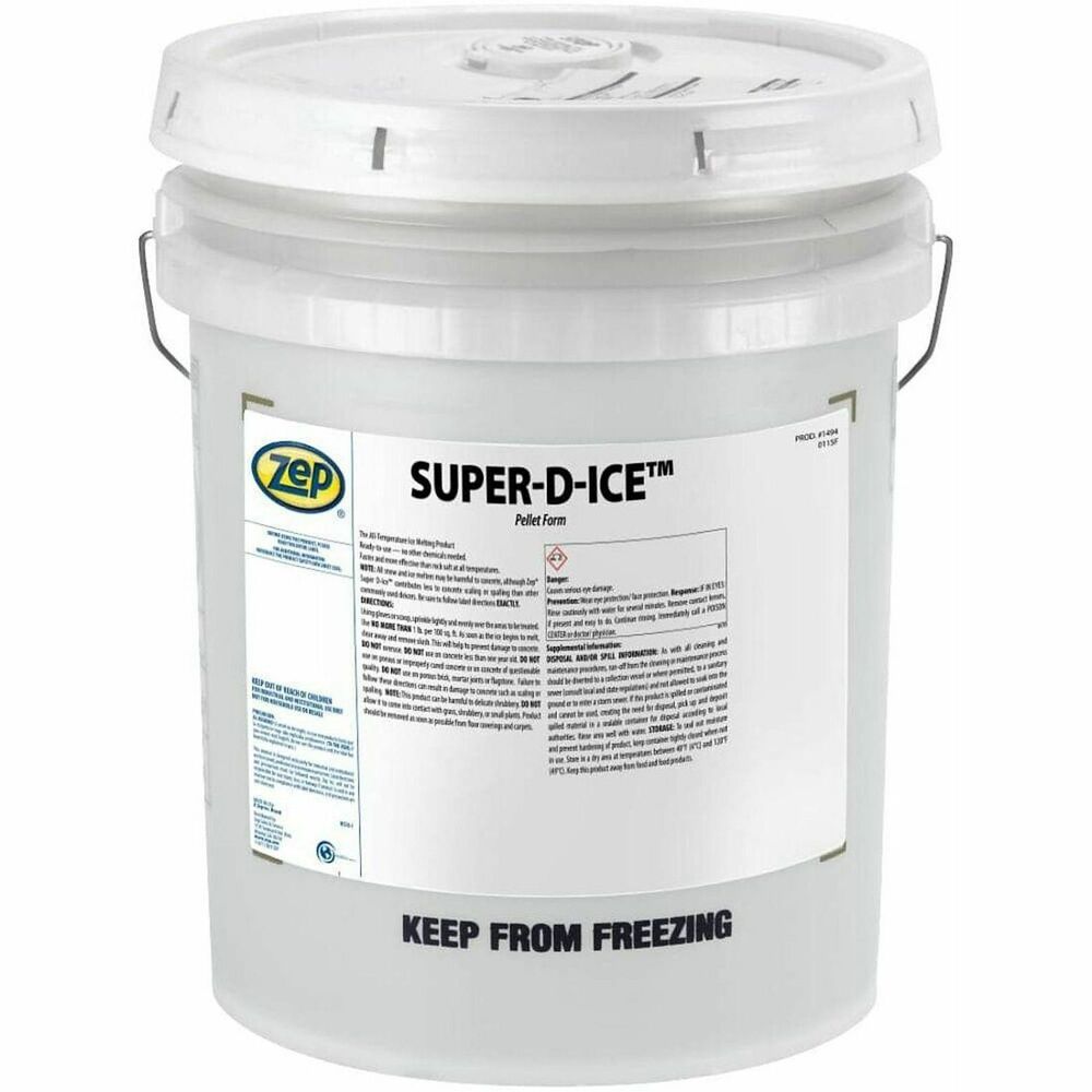 ZPE149433 - Zep Super D-Ice is a super-concentrated ice melting compound which works faster than other ice melting compounds to eliminate hazards due to the accumulation of ice and snow. It contains a special compound of heat-liberating materials, conveniently pelletized for ease in dispensing. It is completely dust free, therby eliminating one source of annoyance of use. Super D-Ice has more latent heat available than ordinary calcium chloride (37% more), which it liberates on contact. Its presence decreases the freezing point of resulting solutions. It is also effective at lower temperatures than rock salt.SUPER D-ICE may be used on sidewalks, driveways, parking areas, hills, and loading docks; around office buildings, shopping centers, hospitals, hotels, motels, schools, and churches.Lower freezing point of -58°F compared to Rock Salt freezing point at -6°F.Works quickly and effectively in dissolving ice and packed snow.Does not create drainage system problems when flushed into sewers and catch basins.Less corrosive on concrete compared to Rock Salt.LESS CORROSIVE: Less corrosive on concrete compared to Rock SaltLESS HARMFUL TO VEGETATION: Has less adverse effect on vegetation than Rock Salt doesSAFETY: Reduces hazards of icy sidewalks, steps, driveways, and parking lots. Improves traction on icy slopes, curves, crossings, and intersectionsPro-Tip: Used by schools, hospitals, restaurants, warehouses, factories, plants, stores, etc