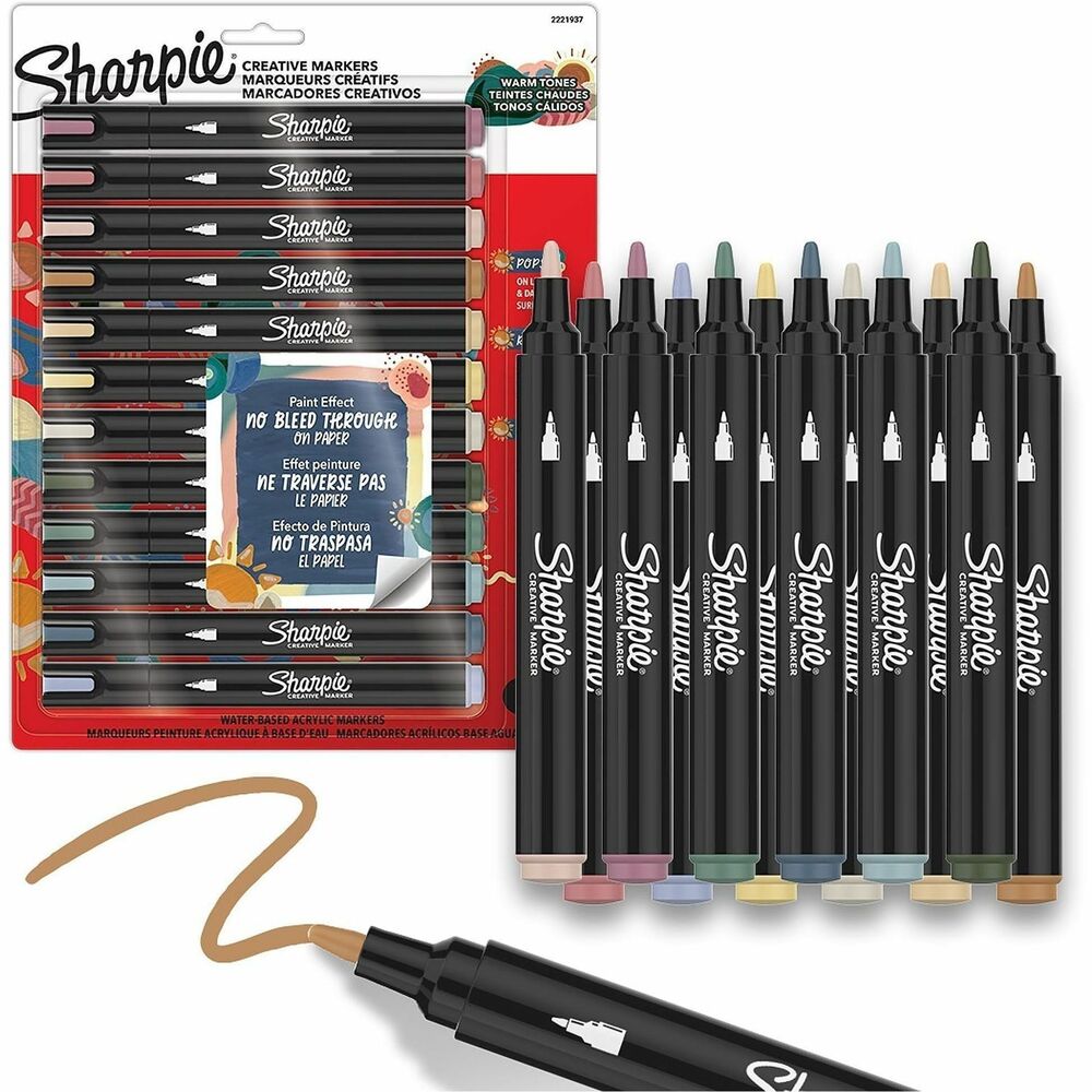 SAN2221937 - Bullet tip. Designed to create vibrant, paint-like effects on light or dark paper, metal, wood, ceramic, glass, rock, and canvas. Water-based acrylic ink provides a smooth, paint-like finish that won't bleed through paper. Colours layer easily to add depth and dimension. No shaking required-simply uncap and create. Pack of 12. Warm tones. 