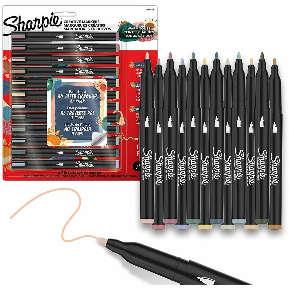 SAN2221924 - Fine tip. Designed to create vibrant, paint-like effects on light or dark paper, metal, wood, ceramic, glass, rock, and canvas. Water-based acrylic ink delivers smooth, no-bleed application with a paint-like finish. Colours layer easily to add depth and dimension. No priming required-just uncap and create. Pack of 12. Warm tones. 