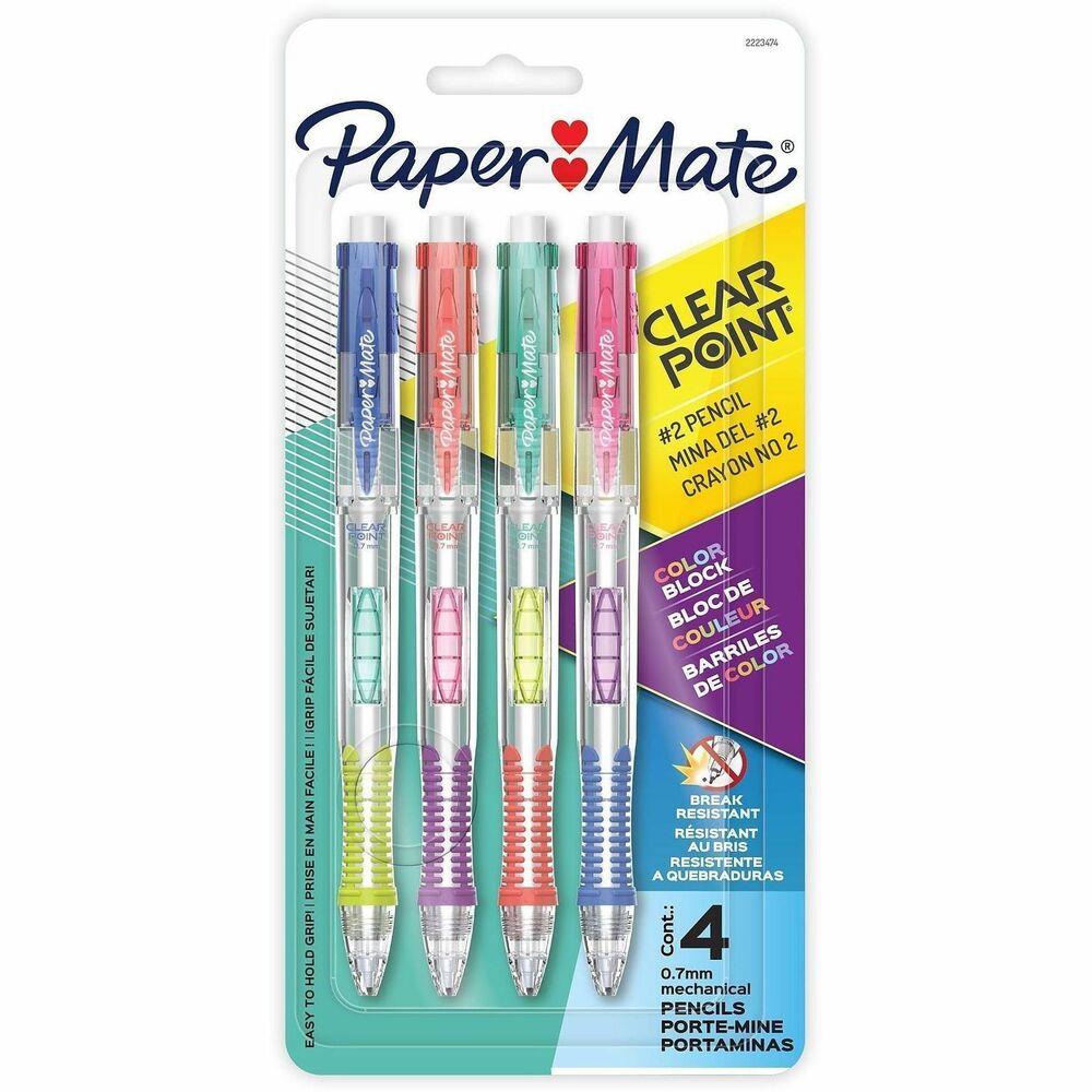 PAP2223474 - 0.7 mm lead. Side-click mechanism advances the lead with a single click. Textured grip for comfort and control. Jumbo twist-up eraser for smudge-free corrections. Colored barrels included. Pack of 4. 