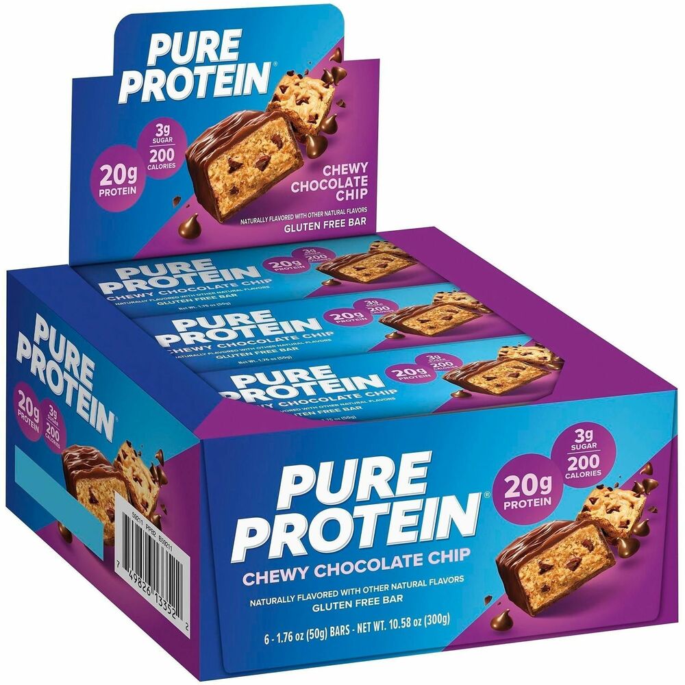 NRN13353 - Loaded with 20g of protein, Chewy Chocolate Chip Protein Bars deliver the perfect combination of high protein and great taste. Tasty protein bars are so yummy, you'll think you're eating a chocolate chip cookie. Delicious, energy-filled snacks contain only 200 calories and 3g of sugar per serving, making them a great, healthier snacking alternative. Gluten-free bars are also naturally flavored.