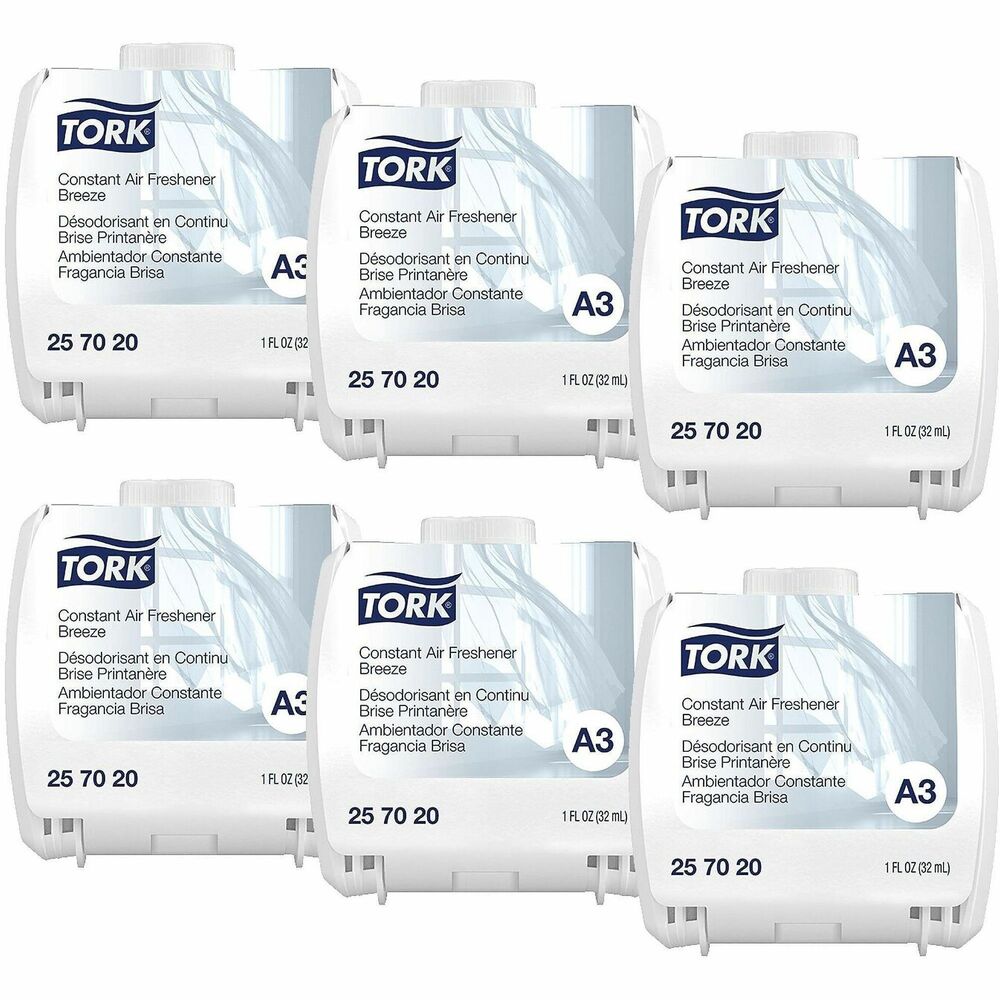 TRK257020 - Tork Constant Air Freshener Breeze Scent helps keep washrooms feeling fresh. With an intense scent featuring floral, ylang-ylang and woody notes with an odor neutralizer, it leaves the constant feeling of a fresh breeze. Suitable for Tork Constant Air Freshener Dispensers, which are approved as easy-to-use for cleaners.