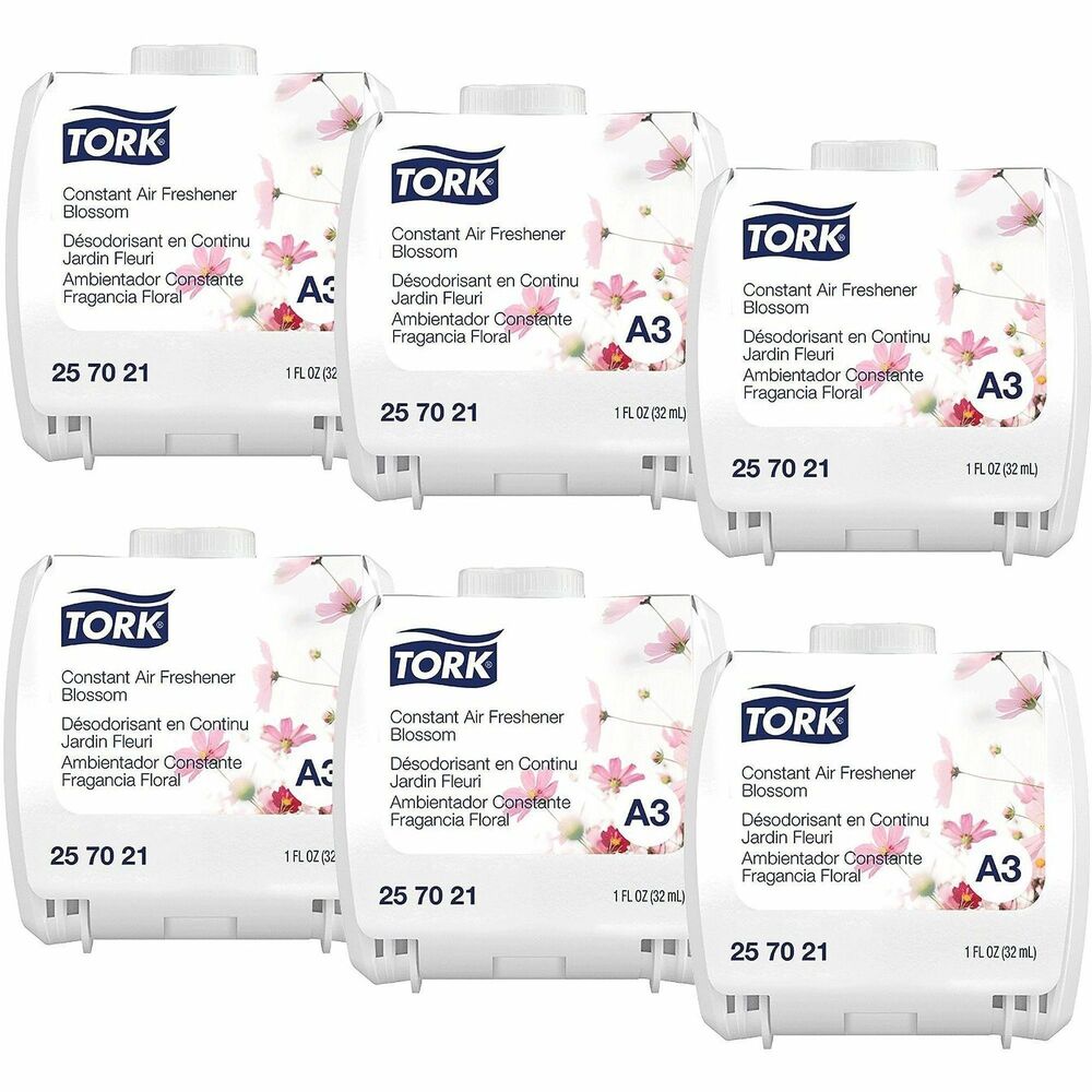 TRK257021 - Tork Constant Air Freshener Blossom Scent helps to keep washrooms feeling welcoming and fresh, leaving a pleasant balance of delicate floral notes and odor neutralizer. Suitable for Tork Constant Air Freshener Dispensers, which are proven easy-to-use for cleaners.