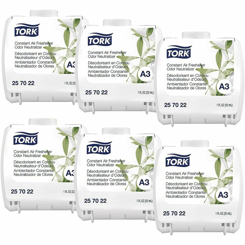 TRK257022 - Tork Constant Air Freshener Odor Neutralizer is ideal for facilities that require specific malodor eliminators. This scent features a high concentrate of odor eliminator with a hint of lemongrass that eliminates unpleasant smells while providing constant air freshness. Suitable for Tork Constant Air Freshener Dispensers, which are proven easy-to-use for cleaners.
